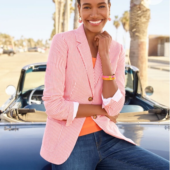 🥑 Talbots Sunshine Seersucker Blazer Orange White | 14 Petite | 100% Cotton - Picture 11 of 12